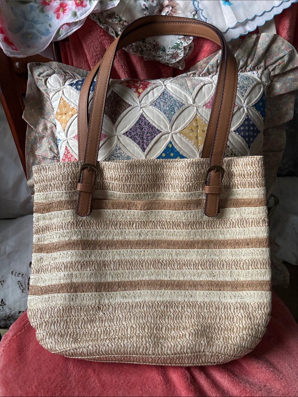 Sonoma Straw Tote Bag with Tan Leather Straps